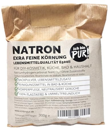 IchbinPUR – Natron, Extra feines Pulver für Küche Bad Haushalt und DIY-Kosmetik Lebensmittelqualität E500ii, Backpulver Natriumhydrogencarbonat Ohne Zusatzstoffe PLASTIKFREI (300 g (1er Pack))