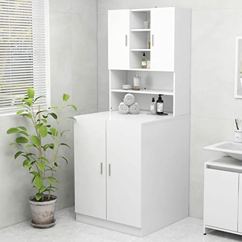 Gecheer Armario de Lavadora para Baño, Mueble de Almacenamiento Moderno Blanco 70,5 x 25,5 x 90 cm/71x71,5x91,5 cm