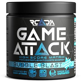 GAME ATTACK 300g Gaming-Booster Bubble Blast - Gaming-Drink Energy-Pulver für Performance & Ausdauer - Gamebooster Supplement 20 wirkungsvolle Stoffe
