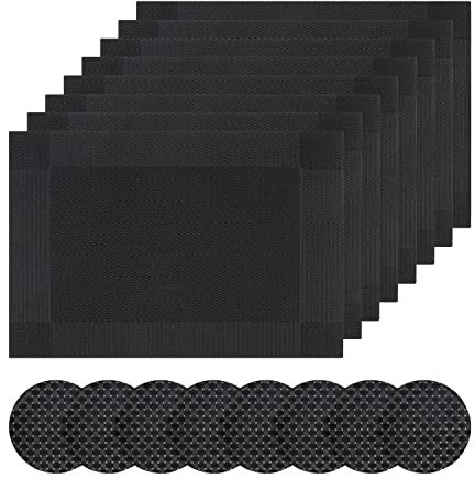 Famibay Placemats and Coasters Sets of 8 Place Mats Washable Heat Resistant Dinner Table Mats and Coasters Black for Kitchen Dining Restaurant