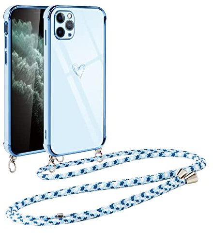 Vauki Handykette für iPhone 11 Pro Hülle mit Band, Handyhülle mit Kette, Herz Motiv, Ultra Dünn Stoßfeste Aesthetic Case mit Kordel zum Umhängen für iPhone 11 Pro 5.8 Zoll, Blau