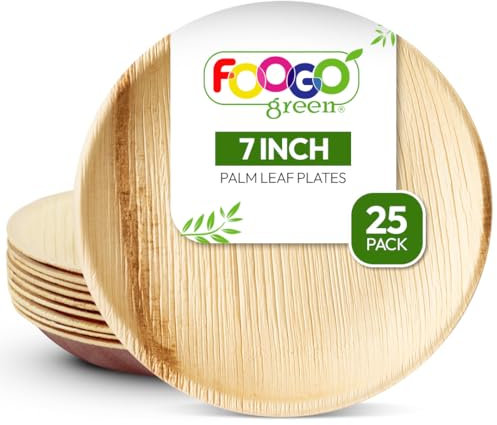 FOOGO Green 25pcs Assiettes Jetables Feuille de Palmier, 18cm Petites Rondes, Écologique Biodégradable Compostable Comme Assiettes Bois, Bambou, Papier, Plats Chauds, Mariage, Pique-Nique, Fête