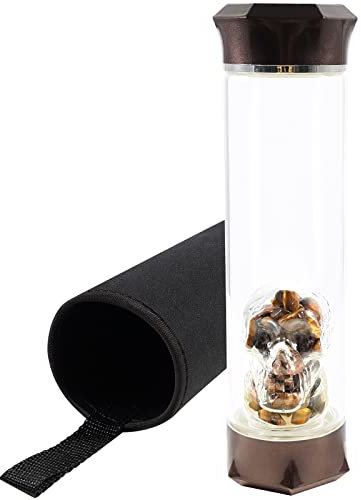 soulnioi Healing Crystal Glass Water Bottle Stainless Steel Water Bottle(500ML) with Natural Crushed Crystal Stones Skull Shaped, Black Protective Cup Cover, Energy Cup Gifts for Friends (Tiger'Eye)