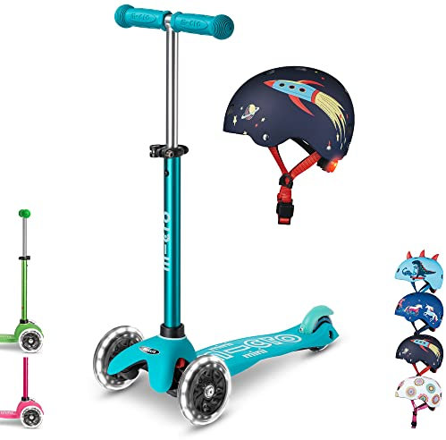 mini micro™ Deluxe LED | Das ORIGINAL | Kinder Roller ab 2 Jahren | inkl. zertifiziertem Helm | Kinderroller von 2-5 Jahre | Kickboard Scooter | 2 3 4 5 Jahre (Roller: Aqua/Helm: Rocket, XS)