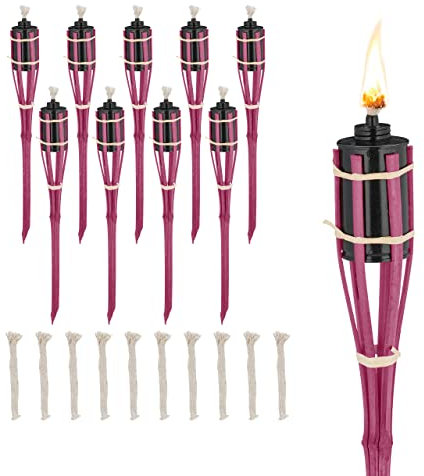 Relaxdays Antorchas Jardín Exterior Set 10, 50cm, Faroles Bambú Decoración Fiesta Patio, Mechas Recambio, Color Rosa