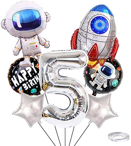 Weenkeey 5. Geburtstag Weltraum Luftballons Riesen Astronaut Rakete Folienballons Silber Zahl 5 Helium Ballon 5. Geburtstag Luftballons Raummann Mylar Balloon für Junge Geburtstag Party