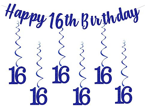 BNG-BNG 16th Birthday Party Decorations - Blue Happy 16th Birthday Bunting Banner Hanging Swirls Streamers for Boys Sixteen Years Old Party Decor Supplies