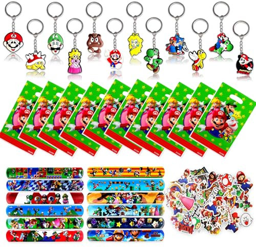 84Pcs Ma-rio Party Mitgebsel Set, 12Pcs Kinder Slap Armbänder+10Pcs Ma-rio Geschenktüten +12Pcs Schlüsselanhänger + 50Pcs Kinder Aufkleber, Kindergeburtstag Gastgeschenke Party Zubehör Deko (C)