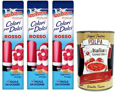 3x Paneangeli Colori per Dolci Rosso, Roter Gel Farbstoff,10g Tube + Italian Gourmet Polpa di Pomodoro 400g Dose