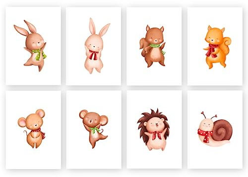 Kleine Waldtiere POSTER - DIN A5, A4 - Kunstdruck, Print, Wandbild, Kinderzimmer, Geschenk, Bild, Baby, Tiere, Hase, Igel, Wald, Maus