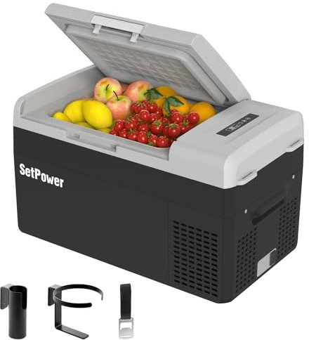 Setpower FC20 12V Portable Refrigerator, Fast Cooling Car Refrigerator 20L/21Qt Portable Freezer with 12/24V DC and 110/240V AC, Electric Cooler (Black, 20L with AC Adapter)
