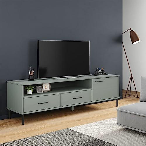 FIRBNUS TV-Schrank Oslo mit Metallbeinen 158x40x46,5 cm Grau Massivholz Kiefer Sideboard Holz TV Lowboard Holz Sideboard Industrial TV Cabinet TV Unterschrank TV Schrank Holz Kommode Holz TV Kommode