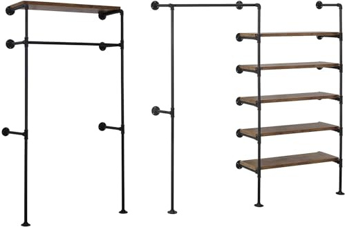WOLTU Kleiderstange industrial schwarz, Kleiderständer wand, Garderobenständer mit Ablage, für Schlafzimmer, Kleiderstangensystem aus Metallrohren MDF