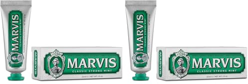 Marvis Zahnpasta Classic Strong Mint, 25 ml, aromatische Zahncreme in Reisegröße für gesundes Zahnfleisch und lang anhaltende Frische, Zahnpasta mit Geschmack nach Minze (Packung mit 2)