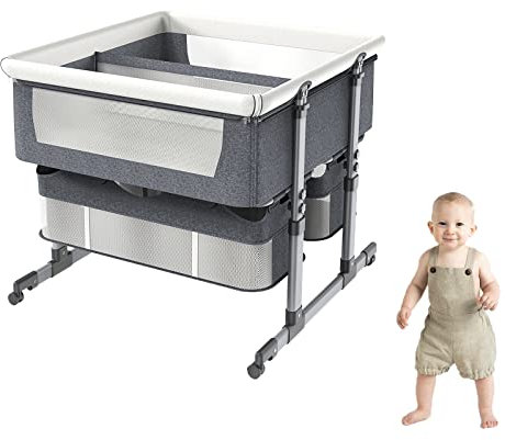 Babybett Zwillinge mit Aufbewahrungskorb – 6 höhenverstellbar, einfach zusammenklappbar, Schlafbett, Wiege für Neugeborene Jungen & Mädchen