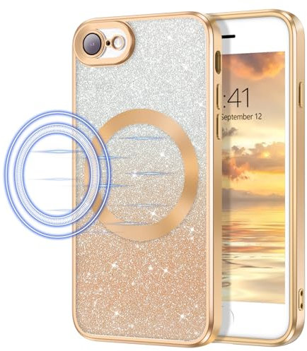 DOMAVER Glitzer Hülle für iPhone SE 2020/2022 Kompatibel mit MagSafe, Handyhülle iPhone 8 iPhone 7 Case, TPU Silikon Stoßfeste Kratzfest Crystal Magnetisch Schutzhülle, Farbverlauf Gold