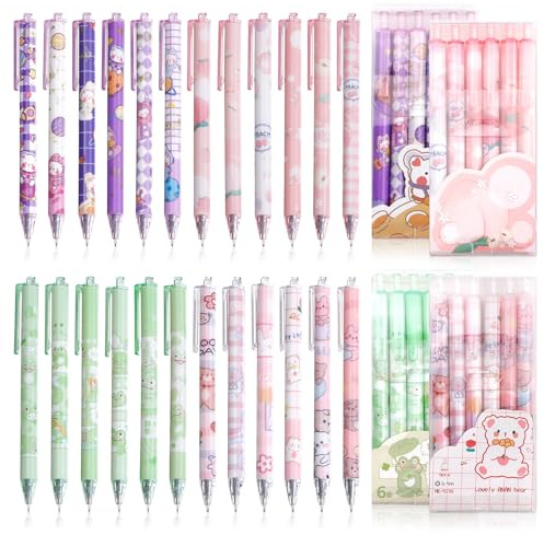 24 Stück Niedlich Cartoon Gelstifte, 0.5mm Schwarzer Tinte Gelschreiber | Einziehbare Gelstifte, Süße Tierdesign Gel Pen Das Schreiben Glatt und Glatt, Kawaii Gelstifte Schwarz für Das Büro Zubehör