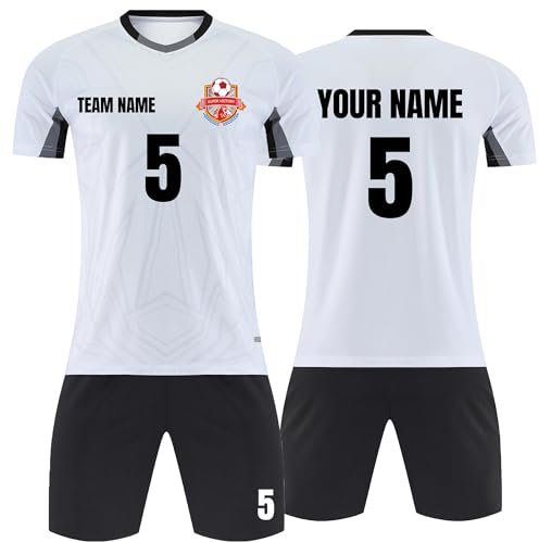 Faletony Personalisiertes Fussball Trikot Kinders Erwachsene Fusstball Shirt & Shorts Set mit Name Nummer Benutzerdefiniert Trikot Fußballtrikot (Polyester, Weiß)