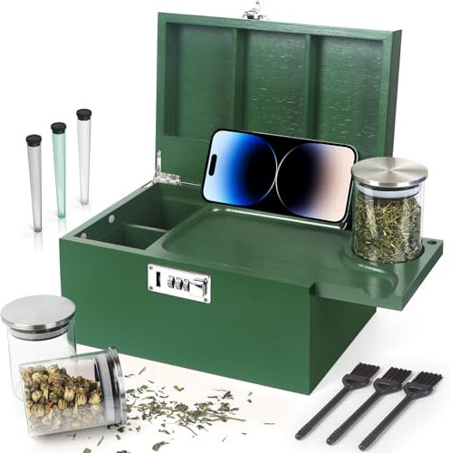 Große grüne Bambusbox mit Zahlenschloss, dekorative Aufbewahrungsbox mit herausnehmbarem Tablett & abnehmbarem Fach, Holzkisten mit richtigen Gläsern & Bürsten & Aufbewahrungsröhren als tolle