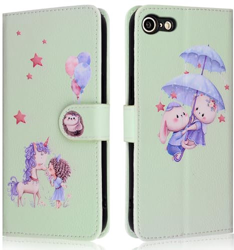 Butnyeoe for iPhone SE 2022/SE 2020 Phone Case,iPhone 8/7 Wallet Case,PU Leather Magnetic Book Flip Protective Cover with Card Holder,Cute Unicorn Green
