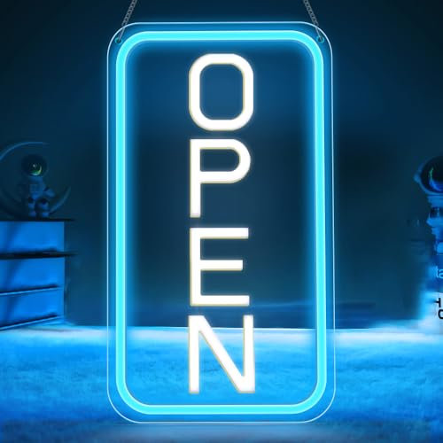 LightingWill Open Neon Schild, Open Schild LED mit 12V Ein/Aus Adapter, Open Leuchtreklamen für Business Light Up Sign für Bar, Salon, Store, Cafe, Shop, Club, Blau/Weiß, Vertical