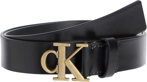 Calvin Klein Damen Gürtel Monogram Plaque Buckle 3,0 cm Ledergürtel, Schwarz (Black/Tumbled Gold), 80 cm