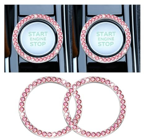 CGEAMDY 2 Stück Auto Motor Start Stop Button Ring, Universal Auto Kristall Strass Motor Starter Dekoration Ring, Auto Startknopf Dekorationsring Autoinnenraum (Einreihig/Rot)