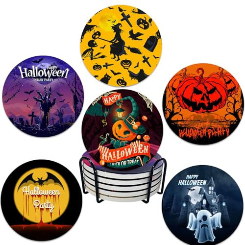 Halloween Untersetzer 6er Set, Keramik Untersetzer mit Halter, Keramik-Untersetzer im Marmor-Stil mit Halter,Saugfähige Untersetzer, verwendet für Tassen,Vasen,Kerzen,Bars,Tisch(Halloween Color)