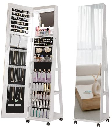 Gurexl 360° Swivel Mirrored Jewelry Armoire with 6 LEDS, Full Length Mirror with Jewelry Storage, Lockable Floor Standing Mirror with 4 Lockable Wheels for Cloakroom, Bedroom(White)