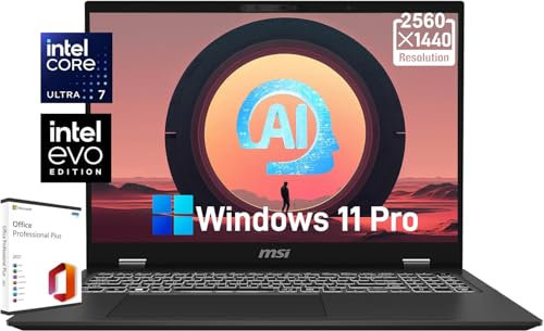MSI Prestige 16 AI Evo Laptop - with 2021 Office Lifetime License, 16 QHD+ Display, Intel Ultra 7-155H ARC Graphics, 32 GB DDR5, 2 TB SSD, Wi-Fi 7, Ultra-Slim, Backlit KB, Win 11 Pro