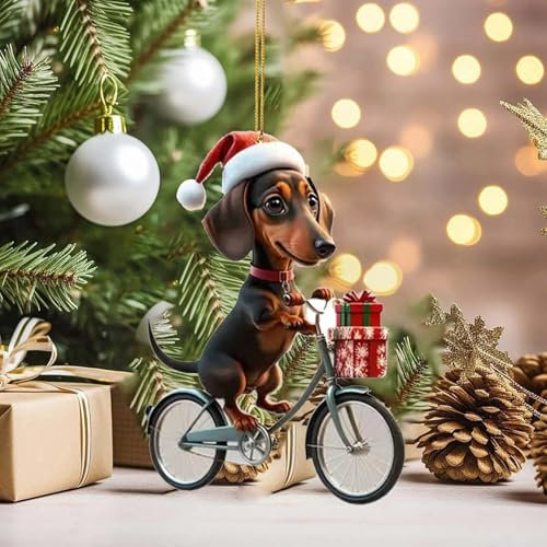 Weihnachtsanhänger Dackel fährt Fahrrad Hängende Deko 2D Acryl Weihnachtsdackel Anhänger Christbaumschmuck Niedliche Dackel-Figure Ornament Weihnachten Fahrrad-Dackel Baumschmuck Weihnachtsdeko (F)