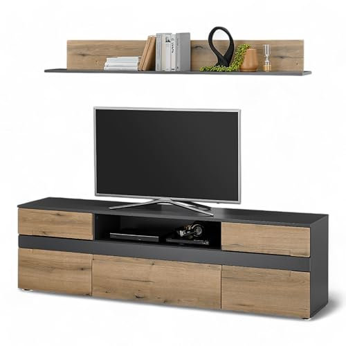 Taylor Set aus TV-Lowboard und Wandboard in Anthrazit, Evoke Eiche Optik - Moderne Wohnzimmermöbel mit viel Stauraum - 180 x 52 x 38 cm (B/H/T)
