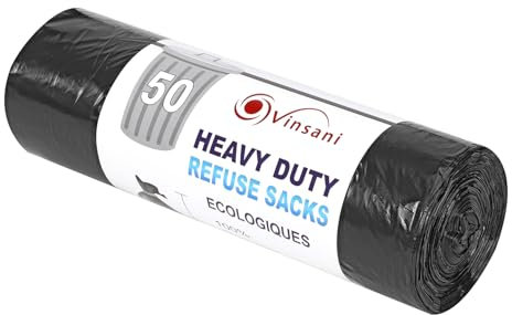 Vinsani 50-Pack Heavy Duty Refuse Sacks – Extra Strong, 100L Recyclable Bin Bags | Leak-Resistant, Durable Waste Disposal Bags for Household & Commercial Use | 99 x 75cm