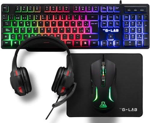 The G-Lab - Combo Sulfur - Pack Gaming 4 en 1 - Teclado Gaming QWERTY con Ñ, Ratón Gamer 3600 dpi, Auriculares Gaming, Alfombrilla Antideslizante para Juegos – PC, PS4, PS5, Xbox - Nuevo