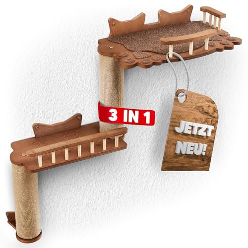 Kratzbaum 3in1 [Wandmontage] – Katzenkratzbaum, Kletter-Baum & Liegefläche | Katzenbaum Fitness & Spiel | Möbel für die Katze für Spaß & effektive Krallenpflege | Katzen bis 15 kg | Parduzi