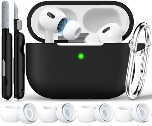 RFUNGUANGO Kompatibel mit AirPods Pro 2. Generation Hülle (2023/2022/2019), weicher Silikonschutz für AirPod Pro Hülle (USB-C/Lightning-Kabel) mit Reinigungsset und Ohrstöpseln, Schwarz