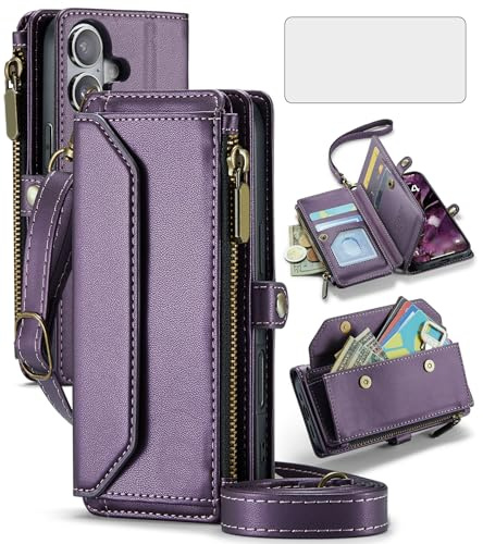 Phone Case for iPhone 16 6.1 inch Zipper Wallet Cover with Tempered Glass Screen Protector and Crossbody Wrist Strap Leather Flip RFID Blocking Card Holder Cell i Phone16 i16 16Case Women Girls Purple