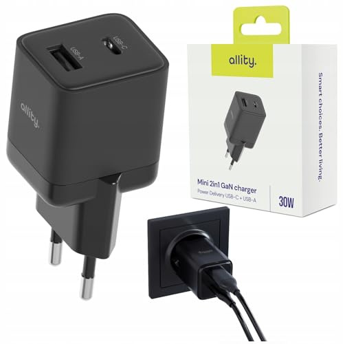 Allity GaN Ladegerät 30W USB-C + USB-A Schnellladegerät | Mini Netzteil mit Power Delivery & Quick Charge | Kompakt & Universal für Smartphone, Tablet, Laptop, für iPhone 15 – Schwarz