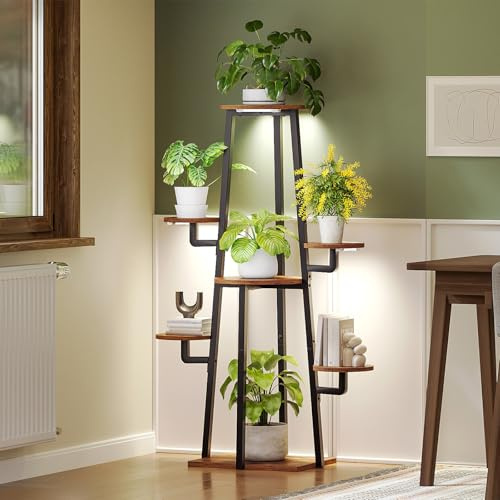 HOOBRO Blumenständer mit Pflanzenlampe, 7 Ebenen Pflanzenständer, Indoor Pflanzenhalter für Wohnzimmer, Blumenregal für Innen Garten Balkon, Vintagebraun und Schwarz EBF04DHJ01
