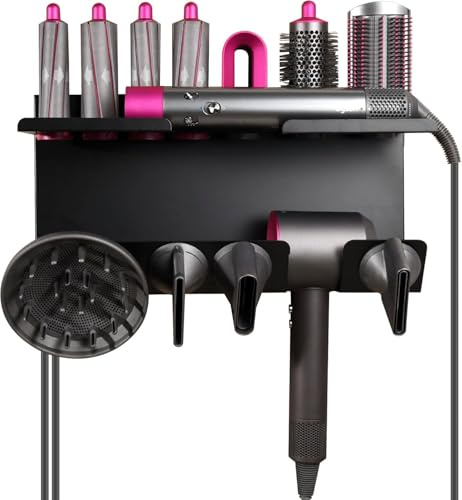 Yangers 2-in-1-Stahl-Wandhalterung für Dyson Haartrockner und Airwrap Styler-Zubehör, bohrfreier Badezimmer-Organizer, Klebstoffhalter, Aufbewahrungsregal für Dyson Diffusor-Düsenaufsatz (schwarz)