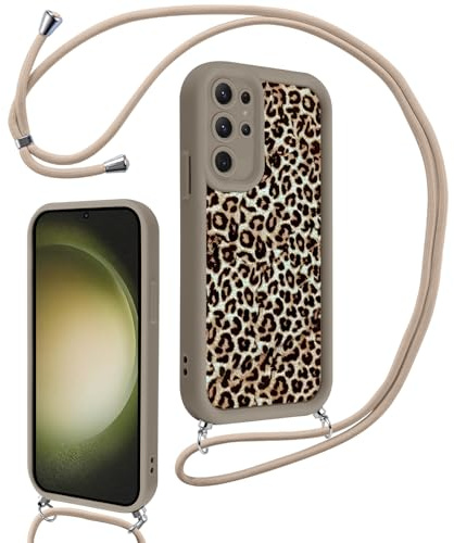 Xylota Handyband für Samsung Galaxy S23 Ultra 5G Hülle mit Band, Aesthetic Leopard Muster Design Silikon Handyhülle mit Kette Kordel, Schutzhülle für Samsung S23 Ultra 5G 6,8'' zum Umhängen - Khaki 01