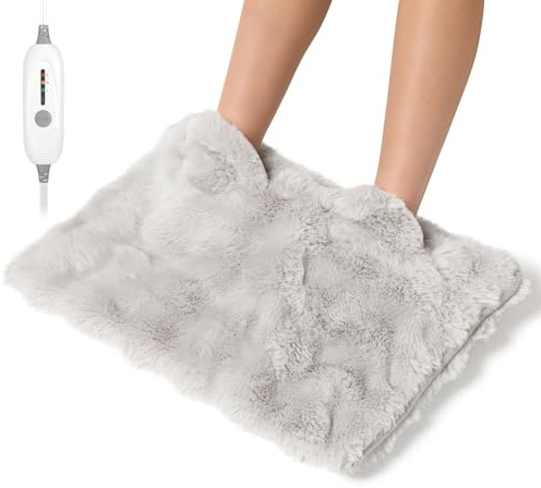 Electric Foot Warmer, Luxury Faux Fur Heating Pad for Feet Pain Relief Cramp, Heated Foot Warmer for Under Desk & Bed with 3 Heat Setting, 2H Auto-Off, ETL Certified, Pocket Design 16x22, Light Grey