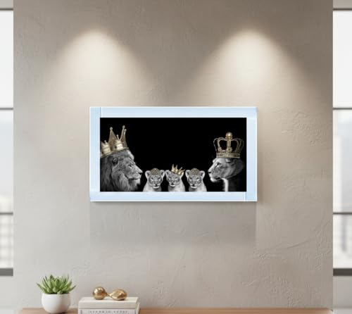 Biznest 3D Liquid Glitter Art Work Mirrored Frame Lion Royal Family Golden Crown Diamante Wall Hung Glass King Queen Cubs Black Gold Landscape 85 X 45 Cm (KING & QUEEN WITH 2X GIRLS 1X BOY)