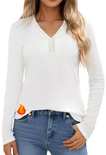 Crewhpo Womens Thermal Tops Long Sleeve Base Layer Lace V Neck Thermal Underwear Shirt Cotton Thermal Vest Winter Warm Basic Top White