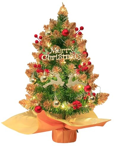 Albero di Natale con illuminazione 60cm, Alberi di Natale Artificiali Decorati, Mini Albero di Natale, Abete Catena Luminosa Decorazione con Palla di Natale Pigne Puntale dell'Albero di Natale