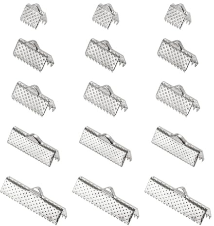 TA-VIGOR 100Pcs Ribbon End Crimp Clamps 8/10/13/20/25mm Silver Tone Stainless Steel Cord Ends Fold Over Crimp Caps Jewellery Findings for DIY Bracelet Necklace Making