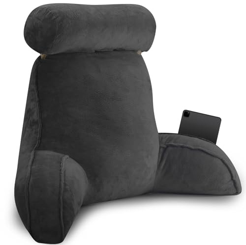 OZMI Reading Pillow for Bed Adult, Large 60cm Cuddle Cushion Back Pillow with Headrest for Sitting in Bed, Reading Cushion Backrest Pillow with Arms & Pockets for Watching TV Gaming Relaxing, Black