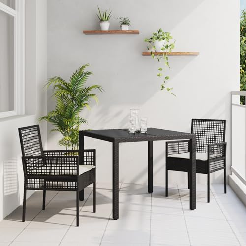 JHQHSM 3-TLG. Garten-Essgruppe mit Kissen Schwarz Poly Rattan, Modernes Quadratisches Terrassentischset für Zwei Personen, Wetterfestes Outdoor-Möbel mit Komfort und Langlebigkeit