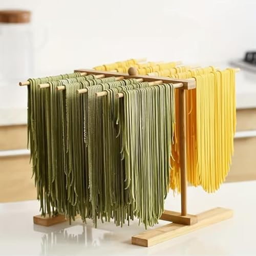 Bamboo Pasta Drying Rack, Large Capacity Pasta Dryer Holder with Transfer Wand and 12 Bars, Special Suspension Design for Homemade Noodle, Spaghetti, Tagliatelle