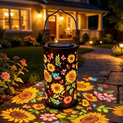 Solarlampen für Außen, Sonnenblumen Solarlaterne für Außen, Metall Gartenleuchten Solar mit Sonnenblumen Silhouetten, IP65 Wasserdicht Solar Laterne für Garten Terrasse Hof Balkon Deko